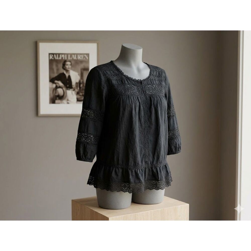 Lauren Jeans Co Ralph Lauren Boho Y2K Black Lace Peasant Top Cottagecore M